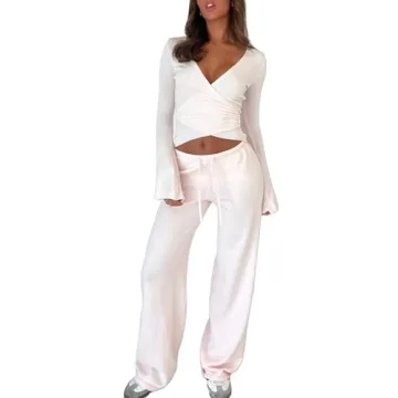 Yoawdats Women Y2K 2 Piece Lounge Sets Casual Long Sleeve V Neck Tie-Up Crop Top Flare Pants Pj Set ...