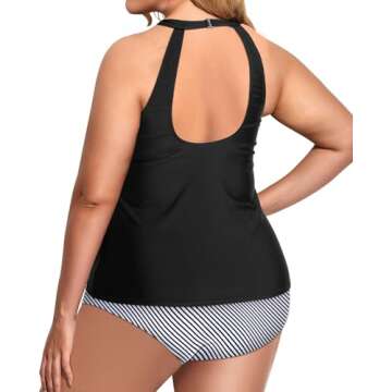 Holipick Women Black Tankini Swimsuits High Neck Swim Tank Tops Tummy Control Two Piece Bathing Suits Halter Swimwear L