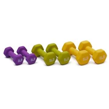 Amazon Basics Neoprene Dumbbell Hand Weights, Rack with 3 Pairs (3, 5, and 8 Pounds), Purple/Green/Yellow