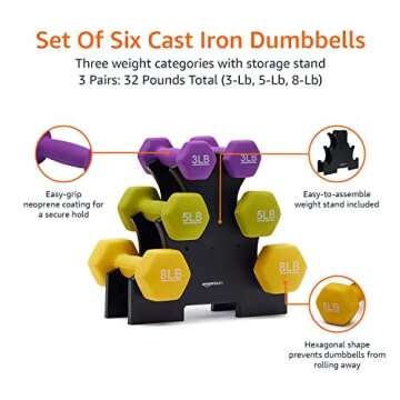 Amazon Basics Neoprene Dumbbell Hand Weights, Rack with 3 Pairs (3, 5, and 8 Pounds), Purple/Green/Yellow