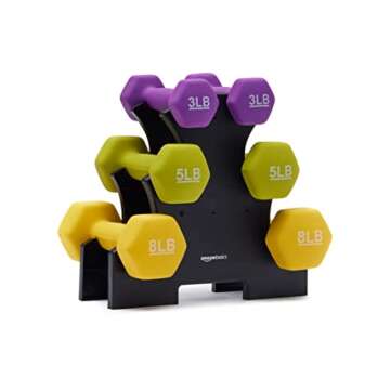 Amazon Basics Neoprene Dumbbell Hand Weights, Rack with 3 Pairs (3, 5, and 8 Pounds), Purple/Green/Yellow