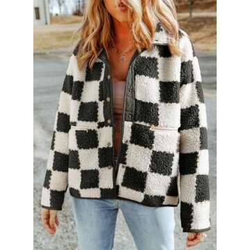 SHEWIN Jackets For Women Causal Sherpa Fall Jacket Loose Button Down Plaid Winter Coats