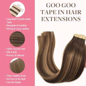 GOO GOO Tape in Hair Extensions Human Hair, 4/27/4 Balayage Chocolate Brown to Caramel Blonde, 16inc...