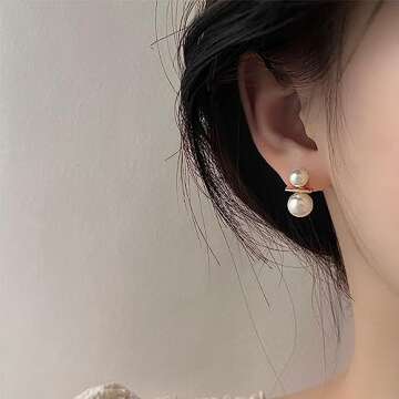 Elegant Pearl Hoop Earrings for Women 925 Sterling Silver Retro Double Pearls Small Huggie Hoops Cartilage Earrings Statement Earrings Chic Ear Jewelry (Gold)