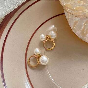 Elegant Pearl Hoop Earrings for Women 925 Sterling Silver Retro Double Pearls Small Huggie Hoops Cartilage Earrings Statement Earrings Chic Ear Jewelry (Gold)