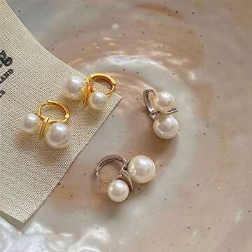 Elegant Pearl Hoop Earrings for Women 925 Sterling Silver Retro Double Pearls Small Huggie Hoops Cartilage Earrings Statement Earrings Chic Ear Jewelry (Gold)