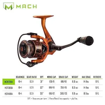 Lew's MACH Crush Spinning Fishing Reel, 6.2:1 Gear Ratio, Right or Left-Hand Retrieve, Aluminum Frame, Premium 11 Bearing System