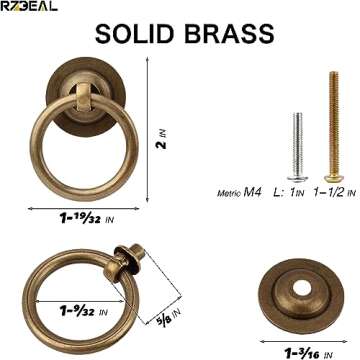 RZDEAL 12 Pack Solid Antique Brass Cabinet Pulls Ring Drawer Pulls, Antique Style Kitchen Cabinet Handles Pulls Vintage Pulls Brass Drawer Handles for Cabinets