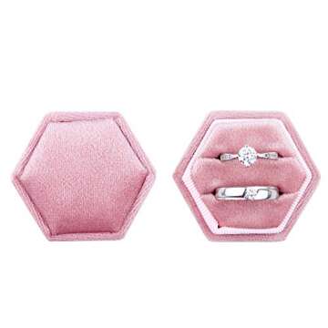 DesignSter Velvet Ring Box Hexagon - Premium Gorgeous Vintage Double Ring Display Holder with Detachable Lid for Proposal, Engagement, Wedding, Ceremony (Pink)