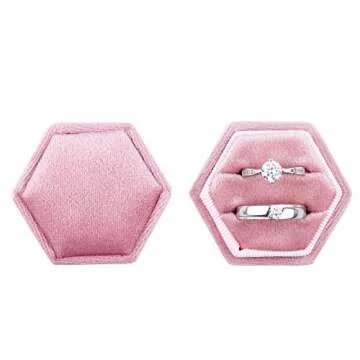 DesignSter Velvet Ring Box Hexagon - Premium Gorgeous Vintage Double Ring Display Holder with Detachable Lid for Proposal, Engagement, Wedding, Ceremony (Pink)