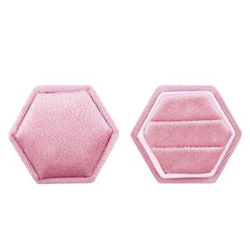 DesignSter Velvet Ring Box Hexagon - Premium Gorgeous Vintage Double Ring Display Holder with Detachable Lid for Proposal, Engagement, Wedding, Ceremony (Pink)