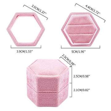 DesignSter Velvet Ring Box Hexagon - Premium Gorgeous Vintage Double Ring Display Holder with Detachable Lid for Proposal, Engagement, Wedding, Ceremony (Pink)