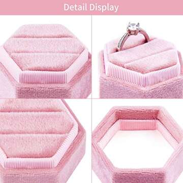 DesignSter Velvet Ring Box Hexagon - Premium Gorgeous Vintage Double Ring Display Holder with Detachable Lid for Proposal, Engagement, Wedding, Ceremony (Pink)