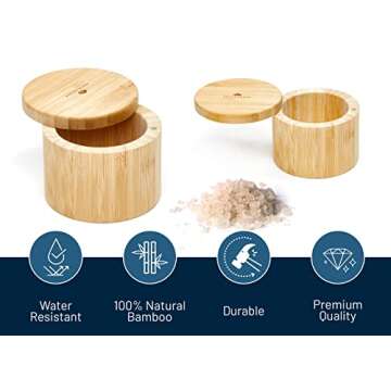 RoyalHouse 6 Oz Capacity Natural Bamboo Salt and Pepper Holder With Bamboo Lid, Salt Cellar With Mag...