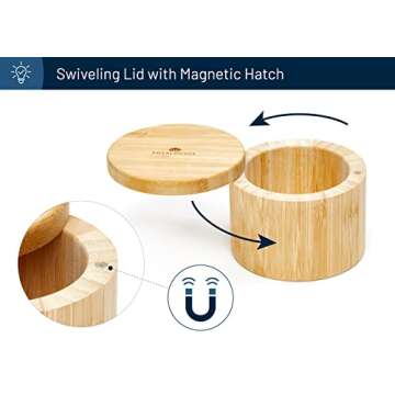 RoyalHouse 6 Oz Capacity Natural Bamboo Salt and Pepper Holder With Bamboo Lid, Salt Cellar With Magnetic Swivel Lid, Healthy Storage Box For Herbs Or Favorite Seasonings