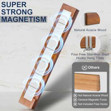 ENOKING Knife Magnetic Strip, Magnetic Knife Holder for Wall 16 Inch, Powerful Magnetic Knife Strip Acacia Wood Magnetic Knife Holder for Refrigerator, Wall Mount Magnet Knife Bar with 4 Hooks