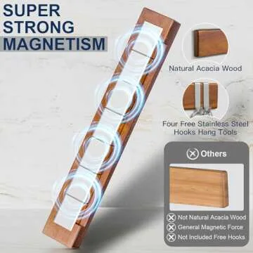 ENOKING Knife Magnetic Strip, Magnetic Knife Holder for Wall 16 Inch, Powerful Magnetic Knife Strip Acacia Wood Magnetic Knife Holder for Refrigerator, Wall Mount Magnet Knife Bar with 4 Hooks