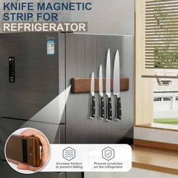 ENOKING Knife Magnetic Strip, Magnetic Knife Holder for Wall 16 Inch, Powerful Magnetic Knife Strip Acacia Wood Magnetic Knife Holder for Refrigerator, Wall Mount Magnet Knife Bar with 4 Hooks