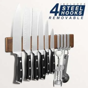 ENOKING Knife Magnetic Strip, Magnetic Knife Holder for Wall 16 Inch, Powerful Magnetic Knife Strip Acacia Wood Magnetic Knife Holder for Refrigerator, Wall Mount Magnet Knife Bar with 4 Hooks