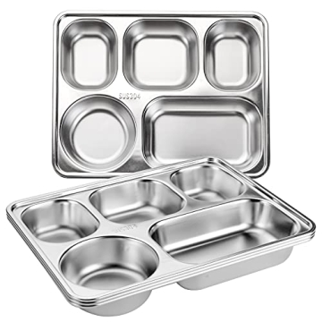 Tebery 3 Pack Stainless Steel Rectangular Divided Plates - Perfect for Bento and Meal Prep