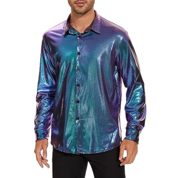 Mens Disco Shirt Outfit Retro 70s Shirts for Men 80s Sequin Glitter Long Sleeve Button Down 70s Disc...