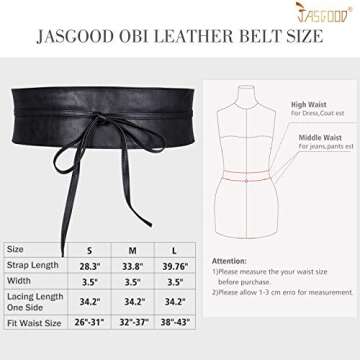 JASGOOD Women Fashion Leather Obi Belt- Plus Size Black Wide Fashion Wrap Waist Belt for Ladies,Black,Fit Waist Size 26-31 Inch