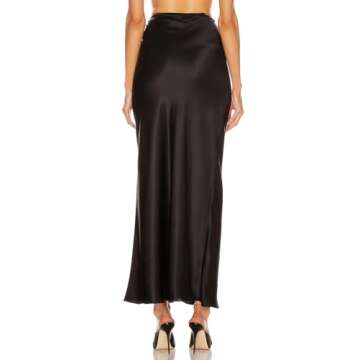 Skrtimory Womens Satin Silk Maxi Skirts Drawstring Flared Casual A-Line Long Skirt for Women Black