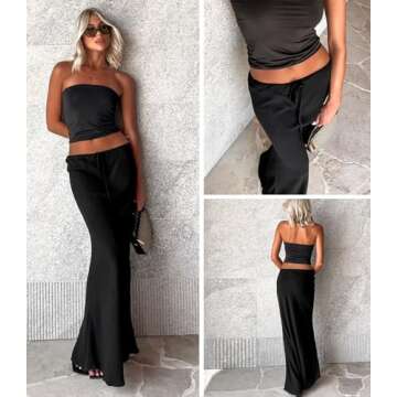 Skrtimory Womens Satin Silk Maxi Skirts Drawstring Flared Casual A-Line Long Skirt for Women Black