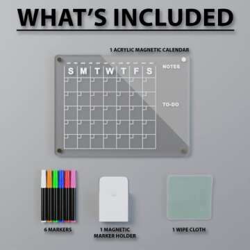 Acrylic Magnetic Calendar for Fridge 16”x12” Clear Dry Erase Calendar Board Reusable Monthly Planner Includes 4 Magnetic Color Dry Erase Markers with Magnetic Marker Holder