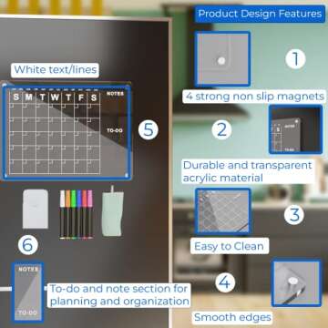 Acrylic Magnetic Calendar for Fridge 16”x12” Clear Dry Erase Calendar Board Reusable Monthly Planner Includes 4 Magnetic Color Dry Erase Markers with Magnetic Marker Holder