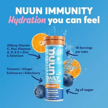 Nuun Hydration Immunity Electrolyte Tablets With 200mg Vitamin C, Blueberry Tangerine, 5 Essential Electrolytes for Hydration, Ginger & Turmeric, Vegan, Non-GMO, 8 Pack (80 Servings)