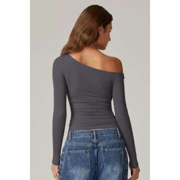 QINSEN Women Off Shoulder Double Lined Shirts Long Sleeve Fitted Crop Tops Side Ruched Going Out Top...