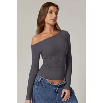 QINSEN Women Off Shoulder Double Lined Shirts Long Sleeve Fitted Crop Tops Side Ruched Going Out Tops Dark Grey XS