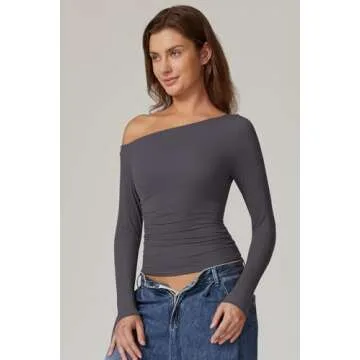 QINSEN Women Off Shoulder Double Lined Shirts Long Sleeve Fitted Crop Tops Side Ruched Going Out Tops Dark Grey XS