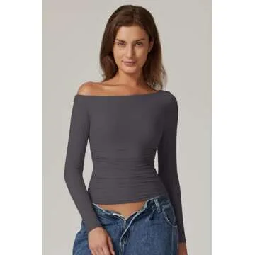 QINSEN Women Off Shoulder Double Lined Shirts Long Sleeve Fitted Crop Tops Side Ruched Going Out Tops Dark Grey XS