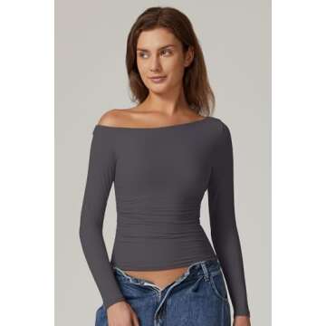 QINSEN Women Off Shoulder Double Lined Shirts Long Sleeve Fitted Crop Tops Side Ruched Going Out Tops Dark Grey XS