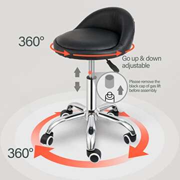 Nova Microdermabrasion Rolling Stool Swivel Salon Stool Chair Adjustable Drafting Stool Tattoo Office Massage Medical Facial Spa Stool with PU Cushion Backrest(Black)