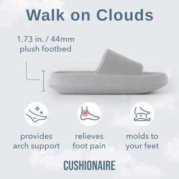 CUSHIONAIRE Feather Slides – Comfortable Cloud Cushion House Slippers for Women, Indoor Outdoor EVA Foam Foot Spa Shower Shoes, Non-Slip Arch Support, LIGHT GRAY 6