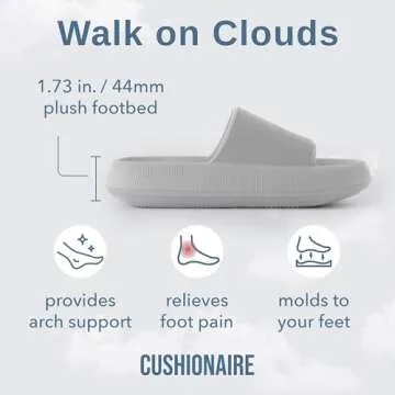 CUSHIONAIRE Feather Slides – Comfortable Cloud Cushion House Slippers for Women, Indoor Outdoor EVA Foam Foot Spa Shower Shoes, Non-Slip Arch Support, LIGHT GRAY 6