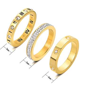 YIKOXI 3pcs Love Friendship Lucky Ring Cubic Zirconia Gold Ring Sets for Women Stainless Steel Weddi...