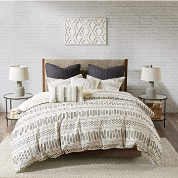 INK+IVY Luxurious Cotton-Bedding Set - Mid Century Trendy Geometric Design, All Season Cozy-Cover With Matching-Shams, King/Cal King, Rhea Jacquard Ivory/Charcoal