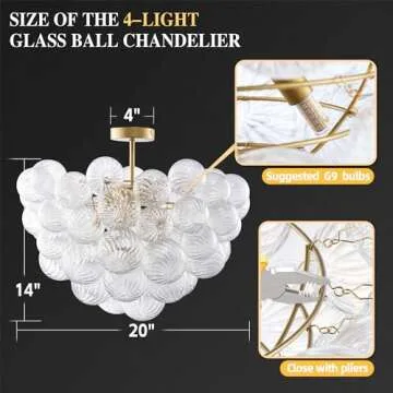 Longree Bubble Ball Semi Flush Mounting Ceiling Light Fixtures, Dia 20 inch Gold and Clear Blown Glass Small Swirled Glass Chandelier for Bedroom Study Bathroom Dining Room