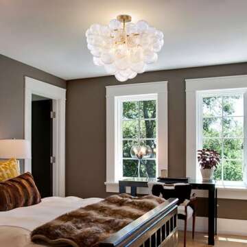 Longree Bubble Ball Semi Flush Mounting Ceiling Light Fixtures, Dia 20 inch Gold and Clear Blown Glass Small Swirled Glass Chandelier for Bedroom Study Bathroom Dining Room