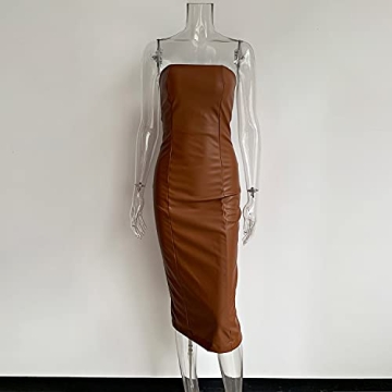 XLLAIS Sexy Strapless Tube Leather Midi Dress for Parties