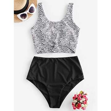 ZAFUL Women's High Waisted Bikini Scoop Neck Swimsuit Two Pieces Bathing Suit Leopard-D M