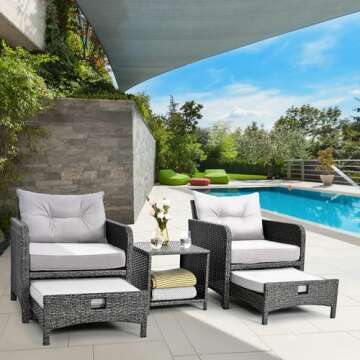 Pamapic 5 Pieces Outdoor Patio Wicker Chairs Set with Ottoman - Stylish and Space-Efficient Conversa...