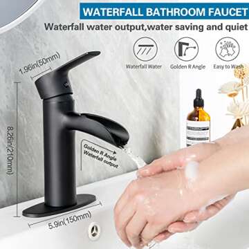 Bathroom Sink Faucet, Waterfall Bathroom Faucets Single Handle One Hole or Three Holes Faucet for Bathroom Sink Tap with Cover Plate 100% Lead-Free Bathroom Faucet, Matte Black
