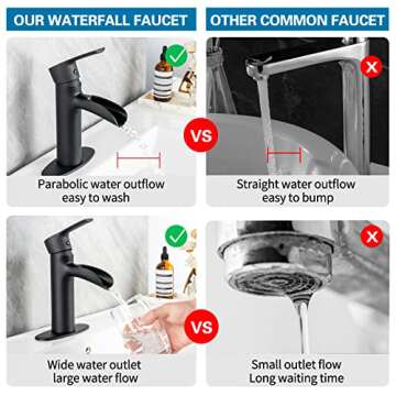 Bathroom Sink Faucet, Waterfall Bathroom Faucets Single Handle One Hole or Three Holes Faucet for Bathroom Sink Tap with Cover Plate 100% Lead-Free Bathroom Faucet, Matte Black