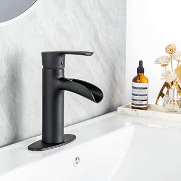 Bathroom Sink Faucet, Waterfall Bathroom Faucets Single Handle One Hole or Three Holes Faucet for Bathroom Sink Tap with Cover Plate 100% Lead-Free Bathroom Faucet, Matte Black