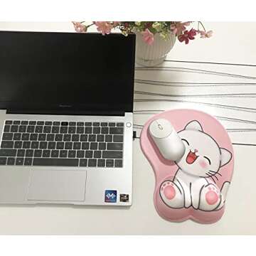 Cute pink mouse pad with ergonomic wrist rest support, non-slip gel anime Kawaii 3D mouse pads, wrist pads, pain relief, and easy typing, gaming, notebook computer home office work and study(Cat-pink)